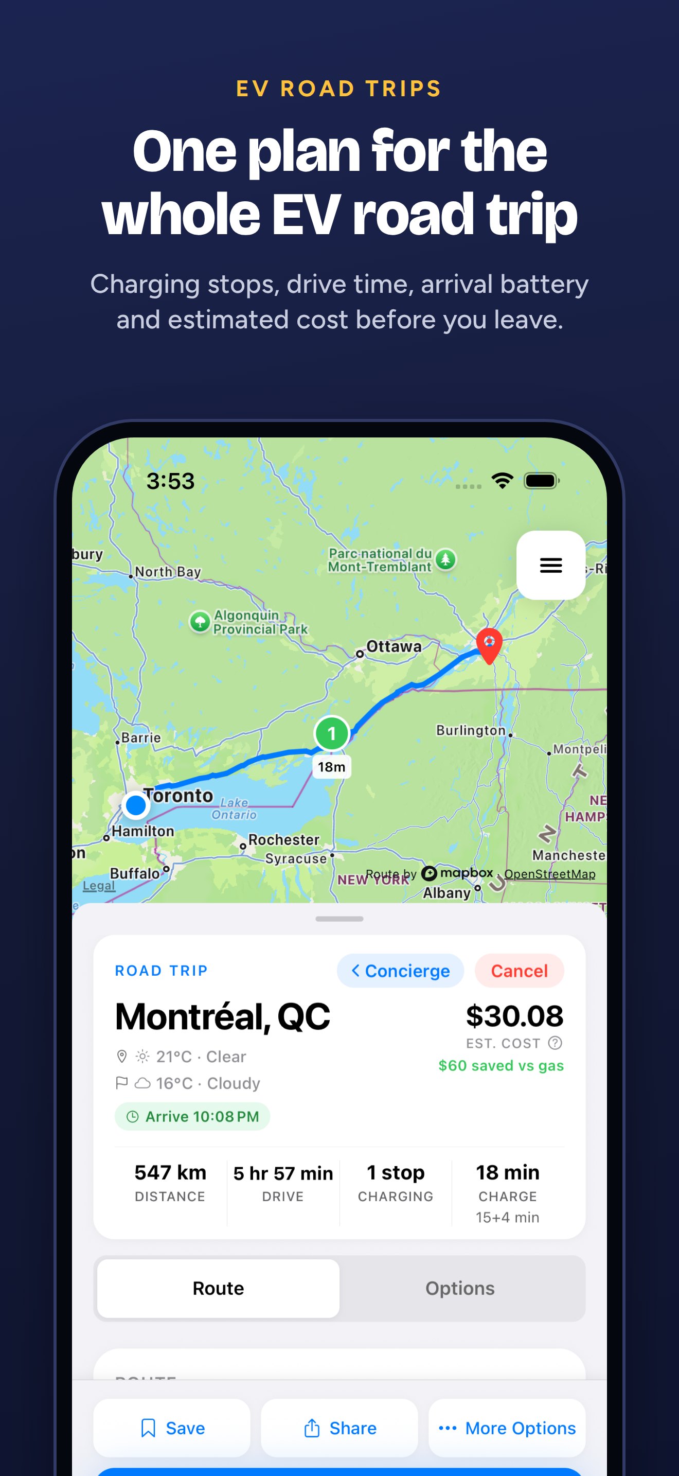 One plan for the whole EV road trip: GYST route plan from Toronto to Montréal