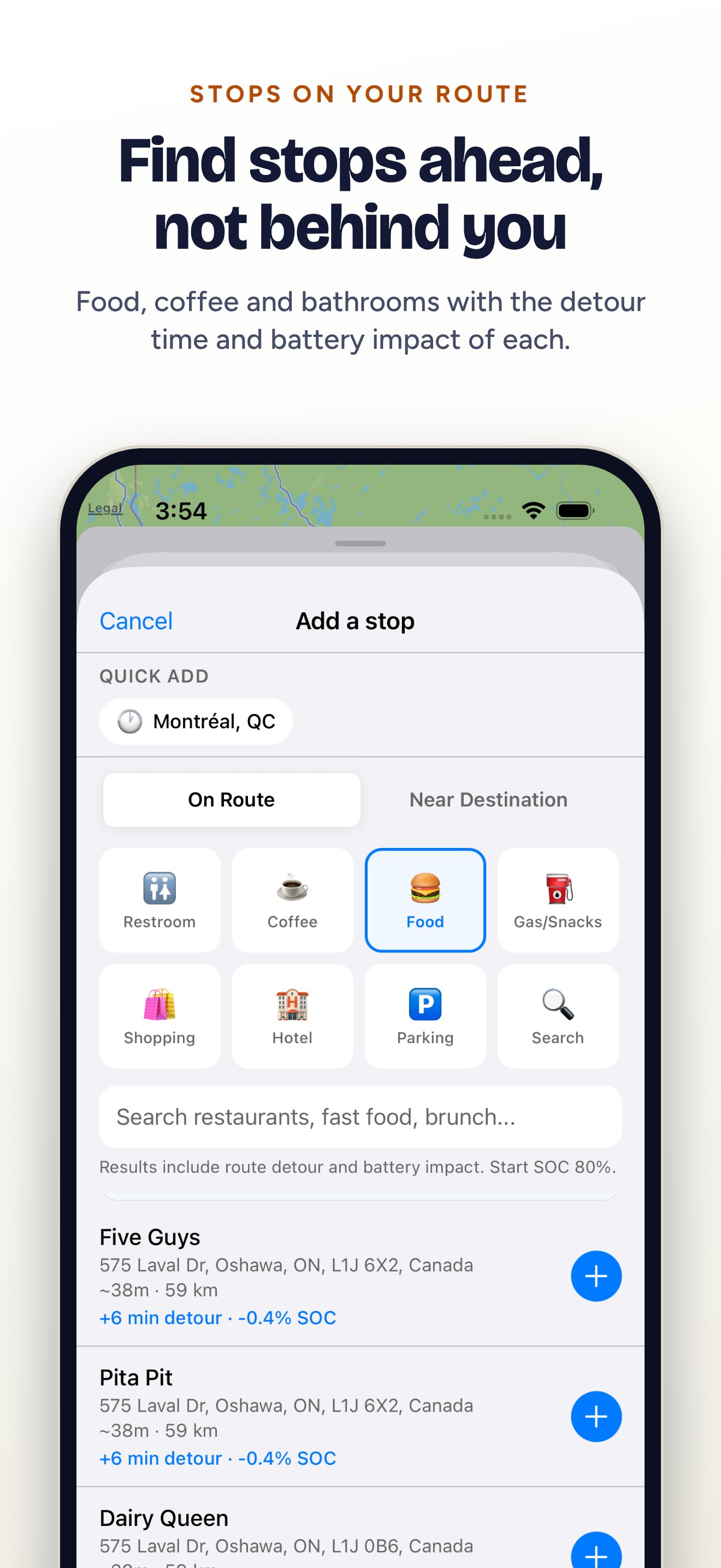 Find stops ahead, not behind you: food along the route with detour time and battery impact