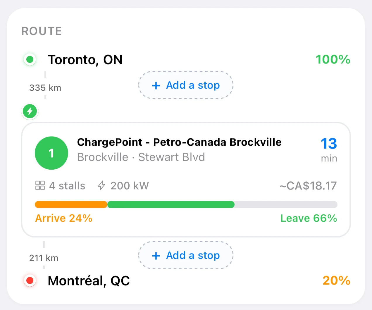 GYST route for Toronto to Montréal: leave at 100%, arrive at the Brockville charger with 24%, leave with 66% after 13 minutes, reach Montréal with 20%