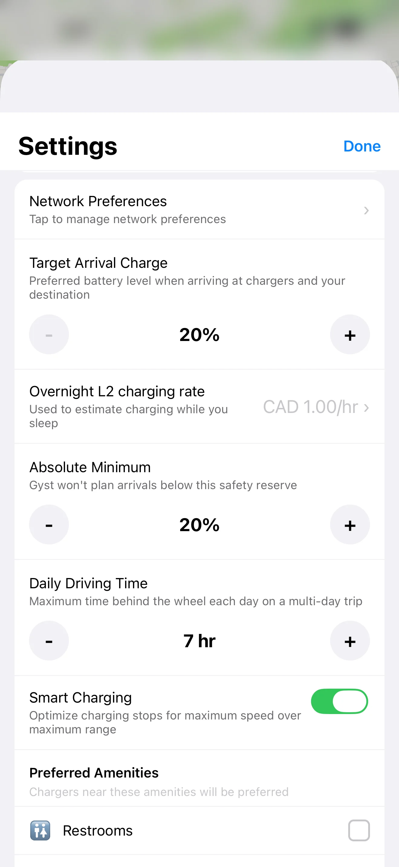 GYST Settings screen with Target Arrival Charge and Absolute Minimum both set to 20%, and Smart Charging turned on