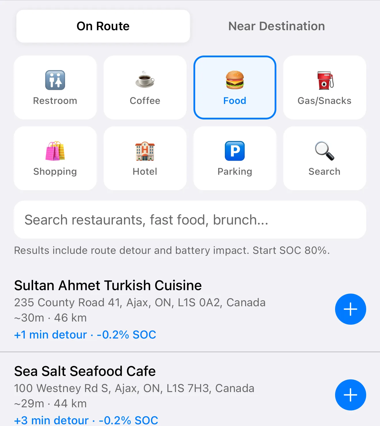 Food search along the route in GYST, with detour time and battery impact for each place