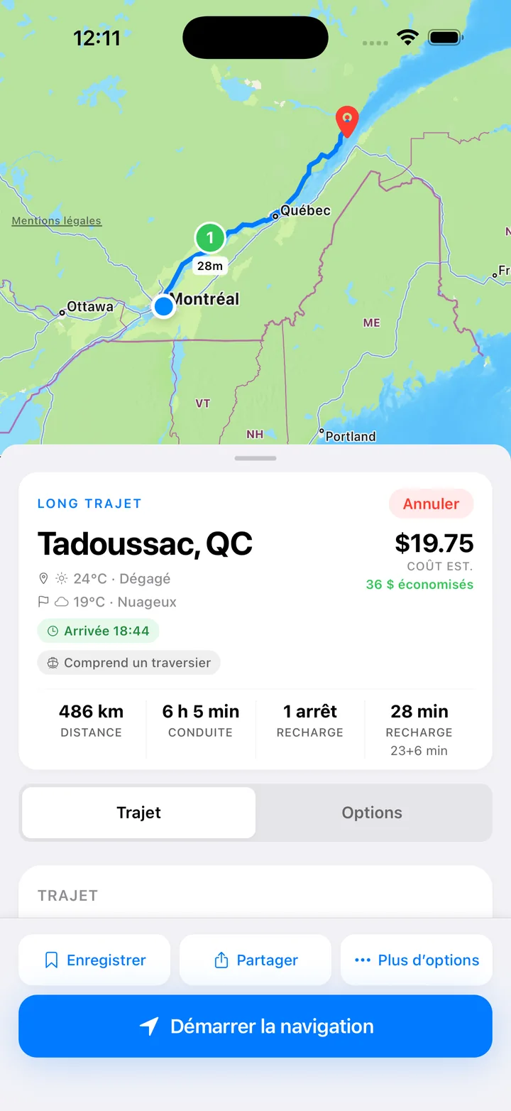 Capture d’écran de l’application — détails de l’estimation des coûts