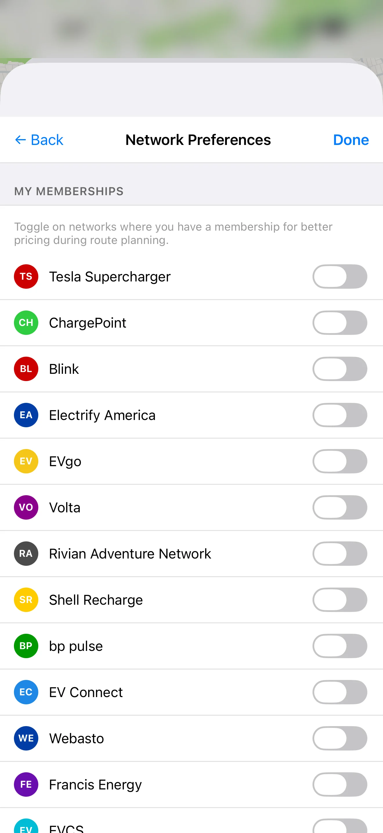 GYST Network Preferences screen listing charging networks with a membership toggle for each