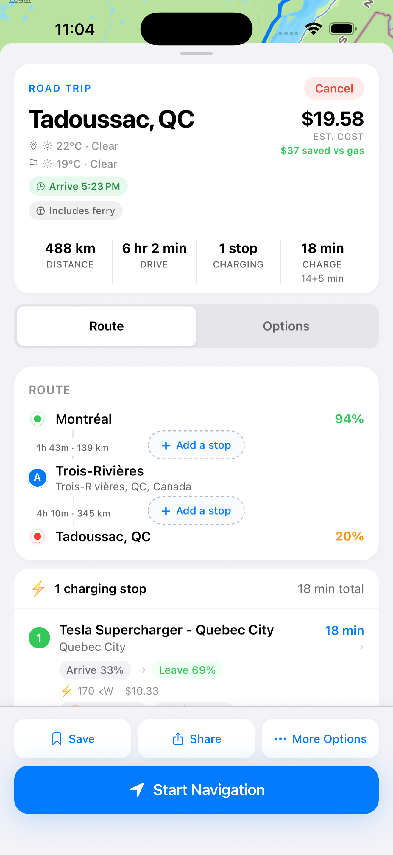 App screenshot — recommended route breakdown