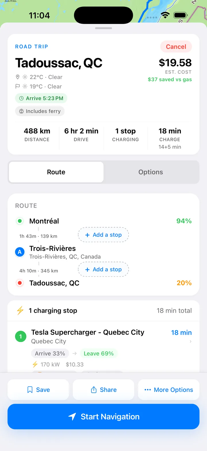 GYST trip plan from Montréal to Tadoussac with one charging stop in Québec City