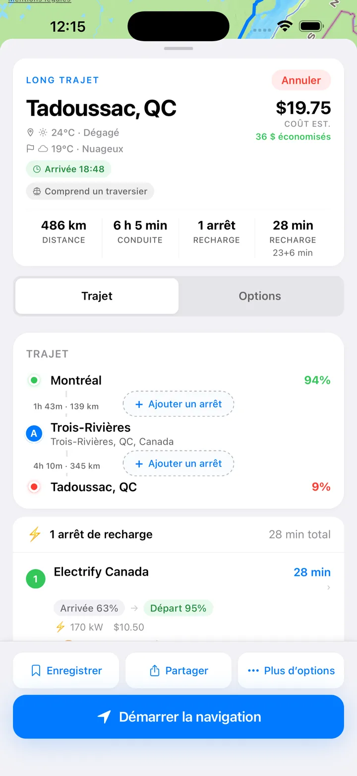 Capture d’écran de l’application — détails de l’itinéraire recommandé