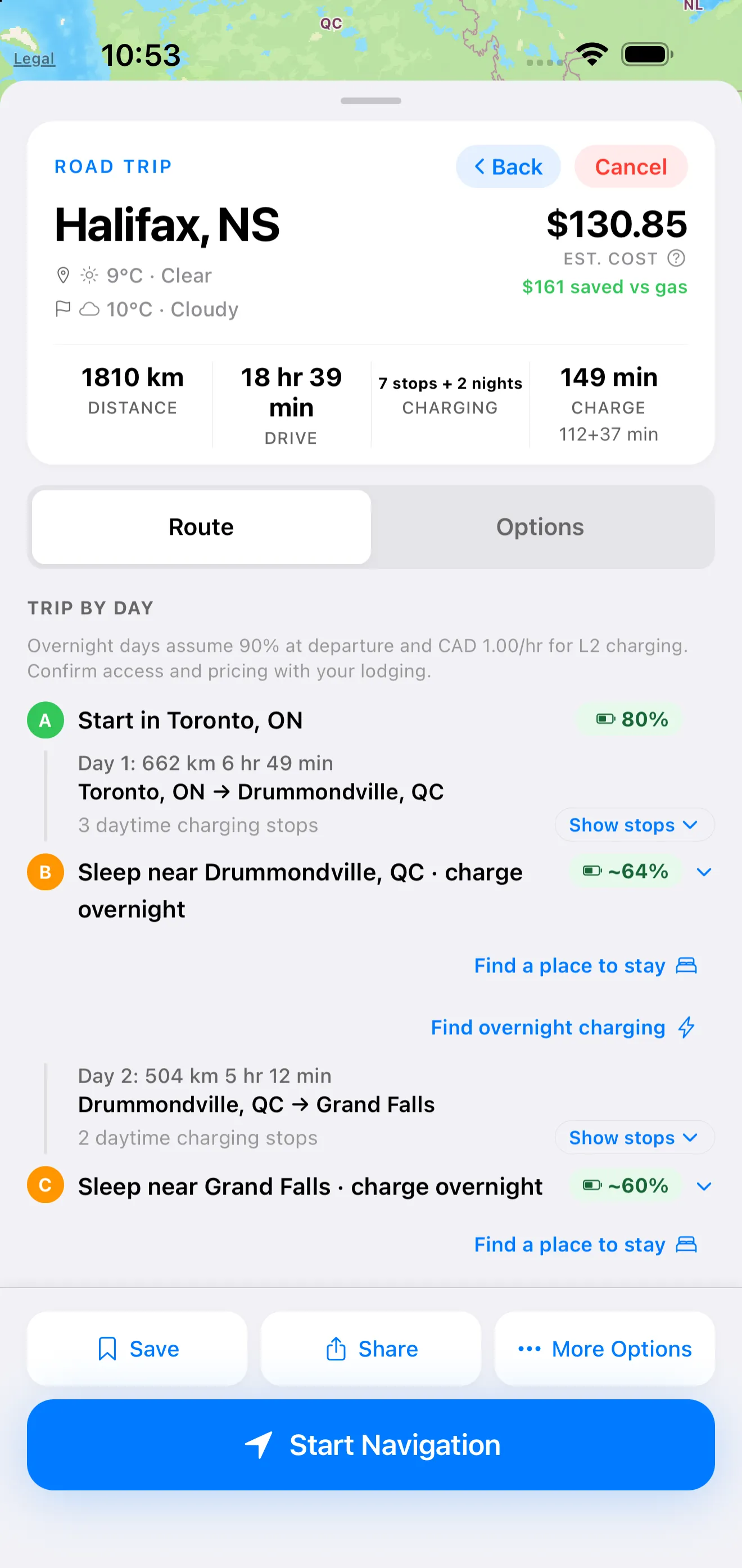 Plan de trajet GYST de Toronto à Halifax divisé en jours, avec des nuits près de Drummondville et de Grand-Sault
