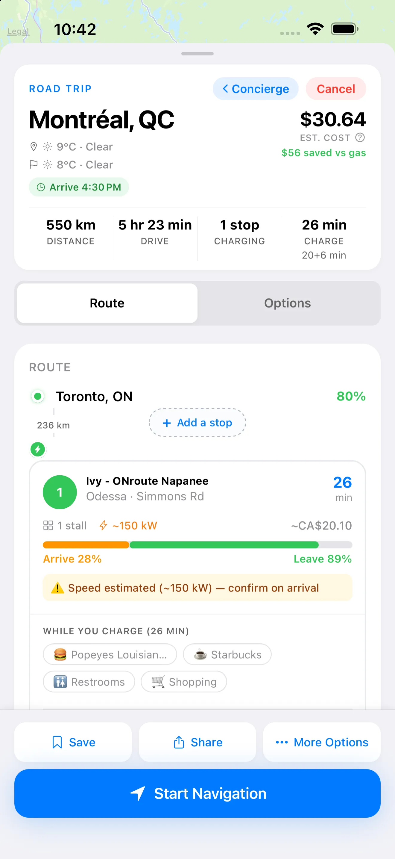 GYST trip plan from Toronto to Montréal with one charging stop near Napanee