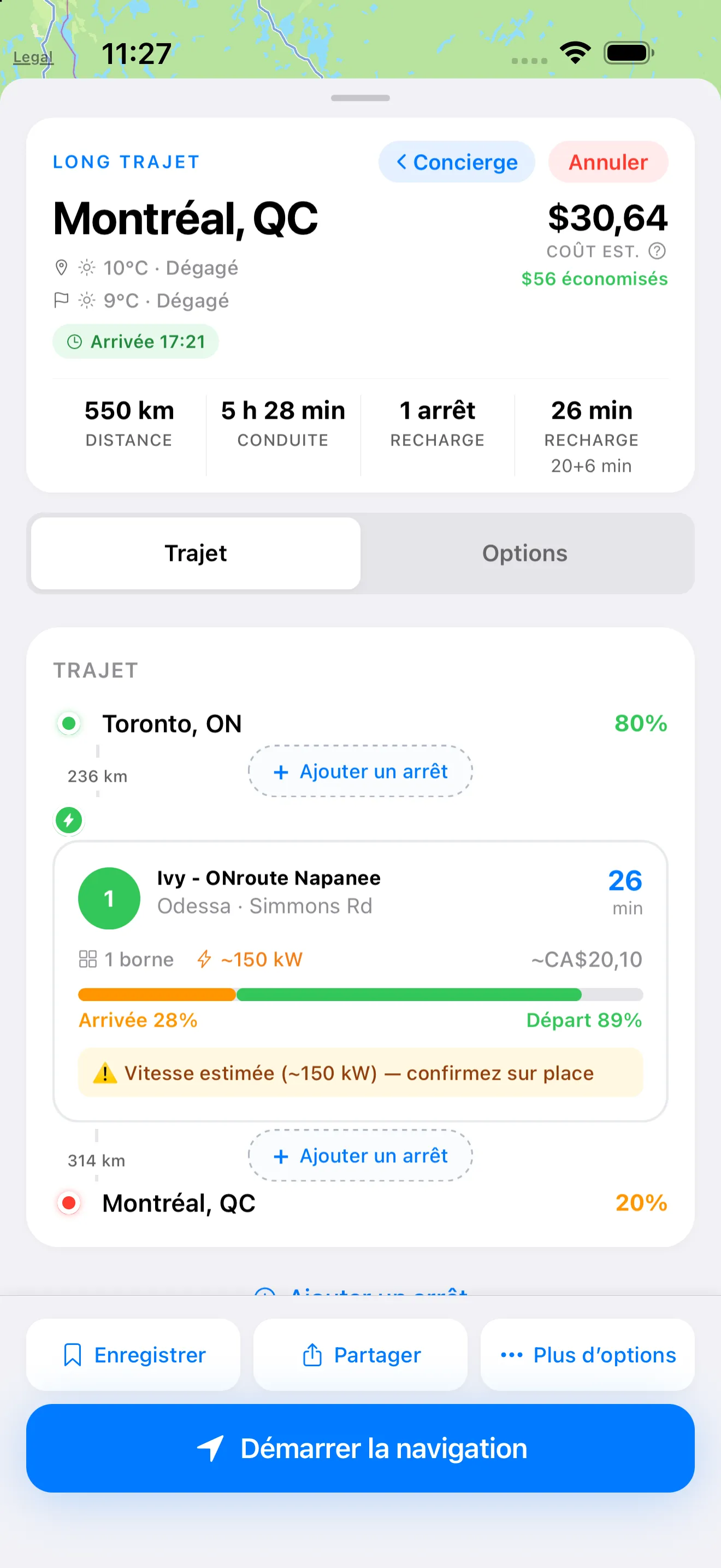 Plan de trajet GYST de Toronto à Montréal dans une Hyundai Ioniq 5 2024 avec un arrêt de recharge près de Napanee