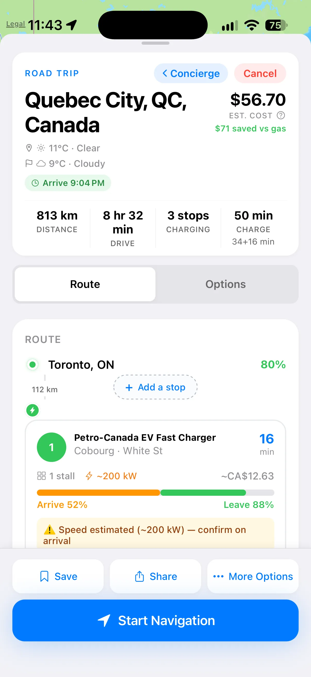 Plan de trajet GYST de Toronto à Québec avec des arrêts de recharge à Cobourg et Morrisburg